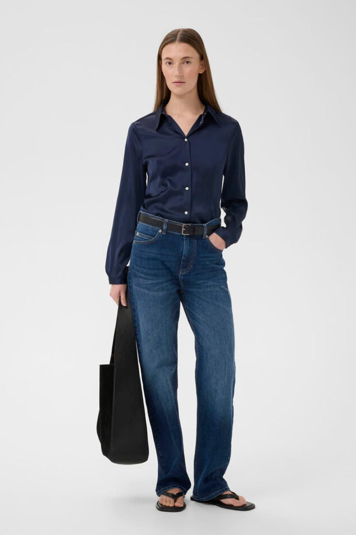 Vue de face blouse col Inwear pour femme bleu avec boutons - Valérie Simon