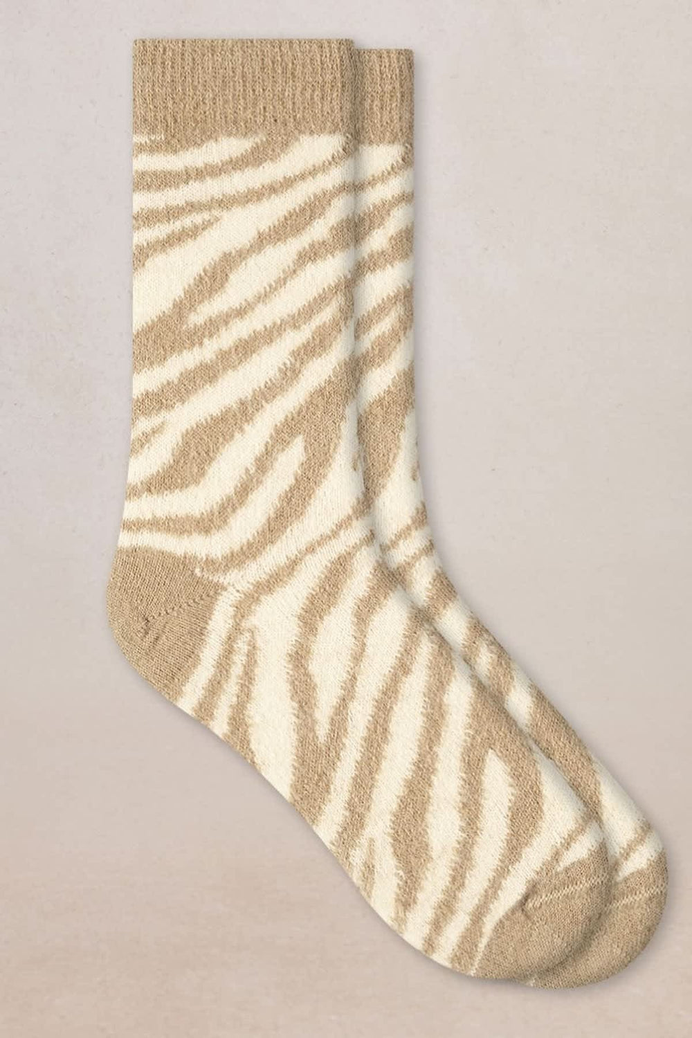 Women's beige and black zebra alpaca wool socks, front view Bleuforêt