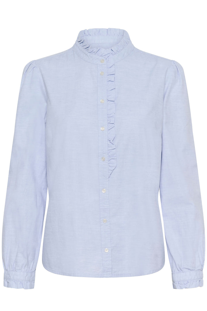 Blouse Glessia romantique avec volants subtils et col montant, idéal pour une allure féminine et raffinée.