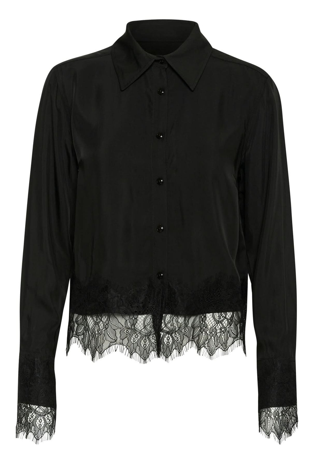 Blouse Lenina en noir, avec dentelle, manches longues et col classique, parfaite pour occasions spéciales.