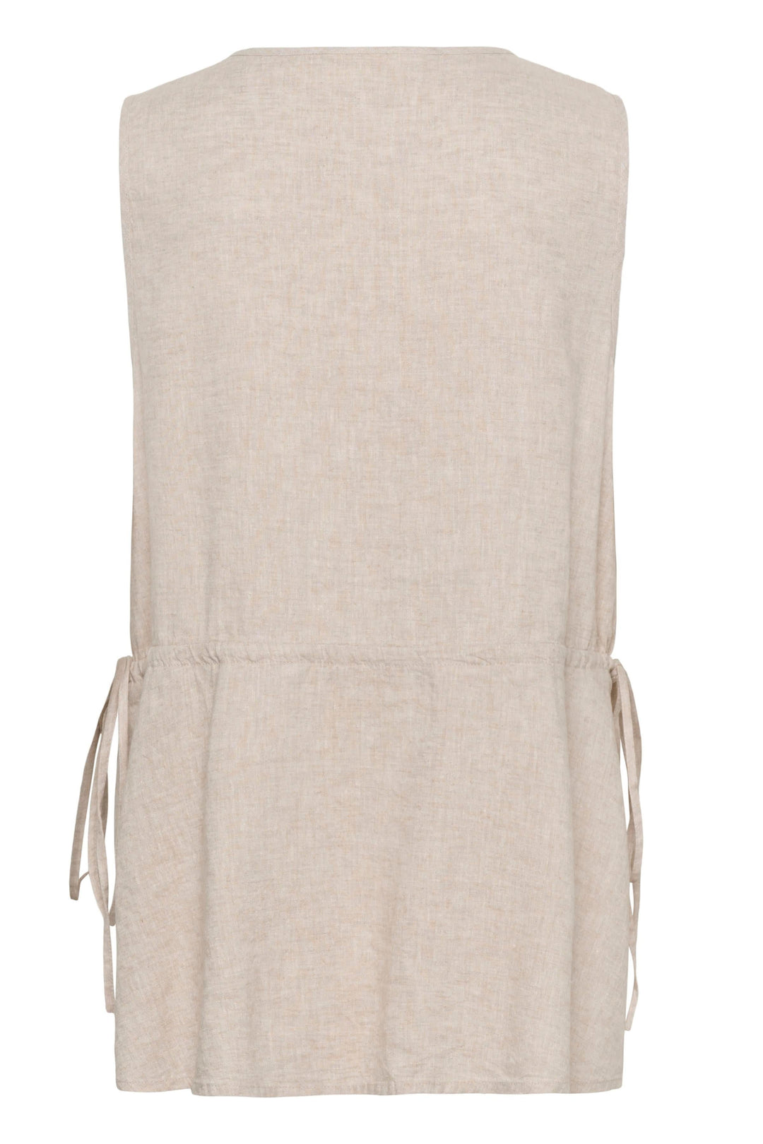 Blouse Rowan sans manches en lin vue arrière avec coupe droite et tissu léger, idéale pour un style moderne et minimaliste.