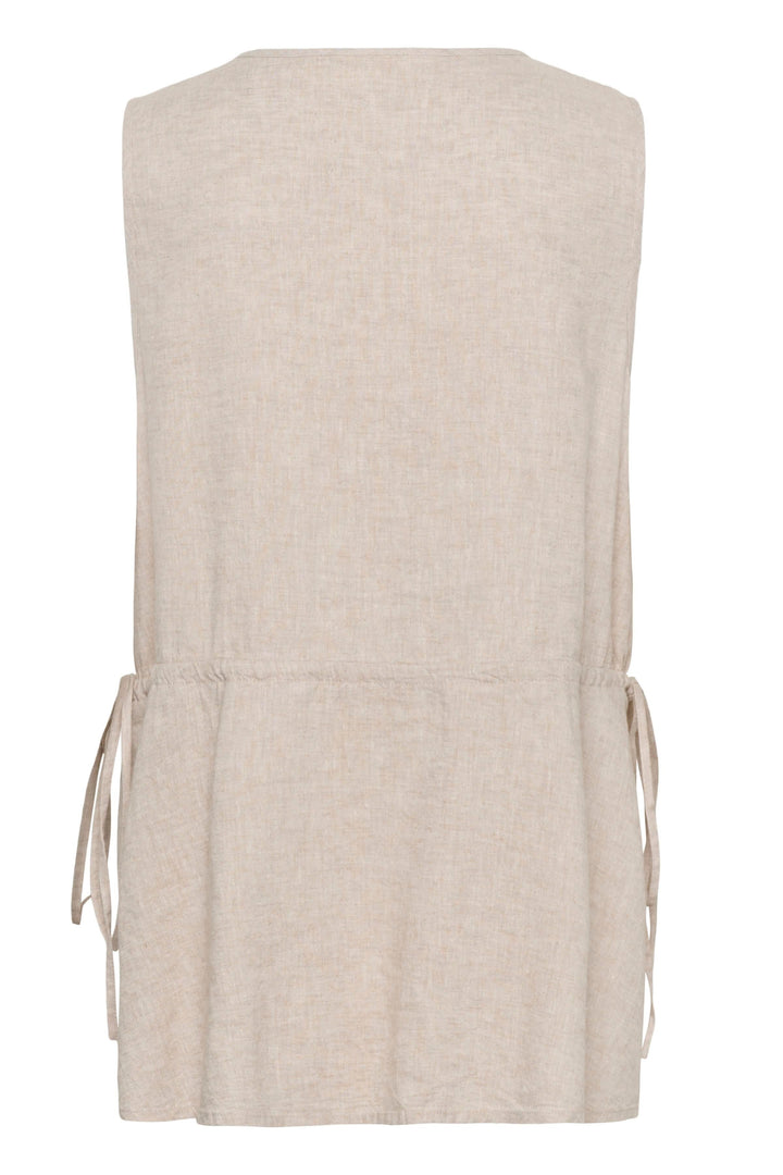 Blouse Rowan sans manches en lin vue arrière avec coupe droite et tissu léger, idéale pour un style moderne et minimaliste.