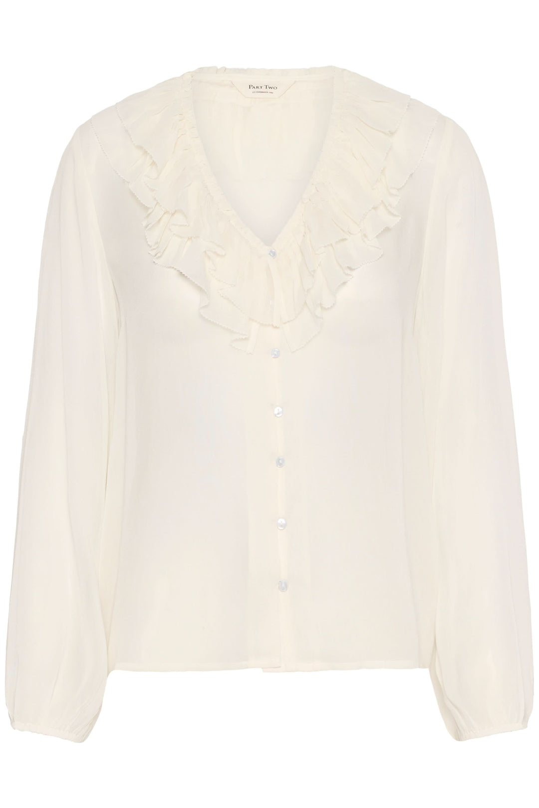 Blouse Sanaz élégante avec col en V orné de volants, manches longues et tissu léger et transparent.