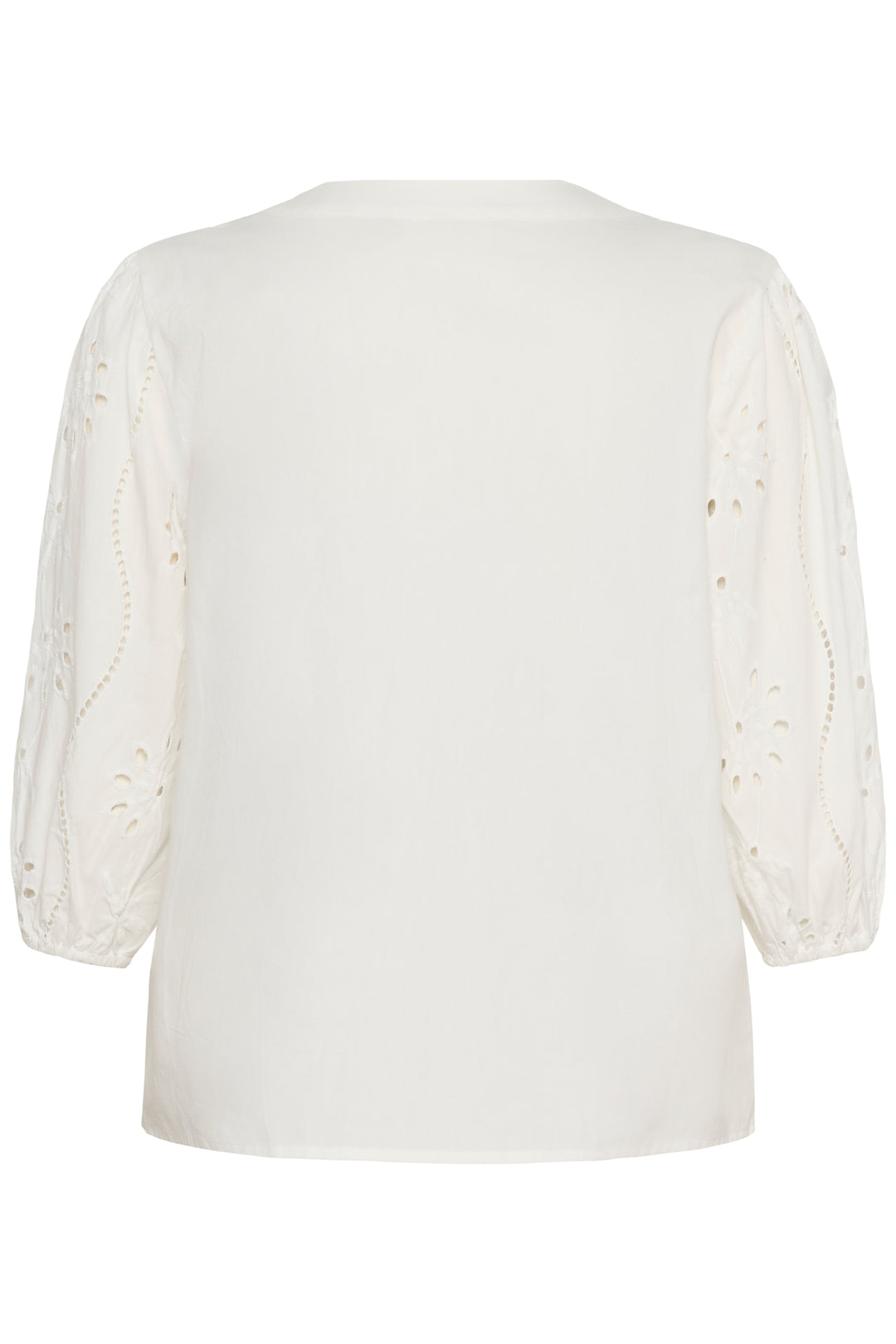 Blouse Signe avec détails ajourés et broderies raffinées, vue de dos, encolure ronde, manches longues. Élégante et féminine.