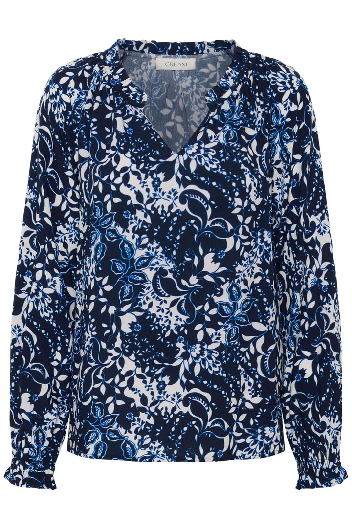 Blouse Tiah fluide à imprimé floral avec encolure en V froncée et manches longues, idéale pour un style quotidien élégant.