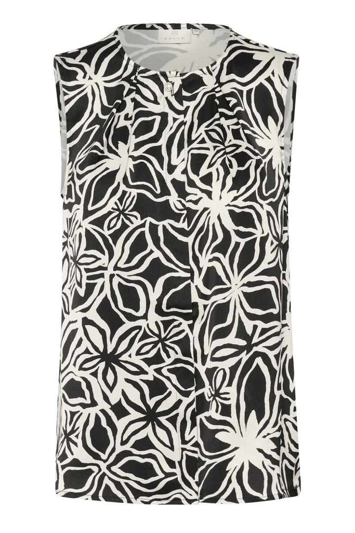 Blouse sans manches à imprimé fleuri noir et blanc, élégante et chic, idéale pour un look féminin.