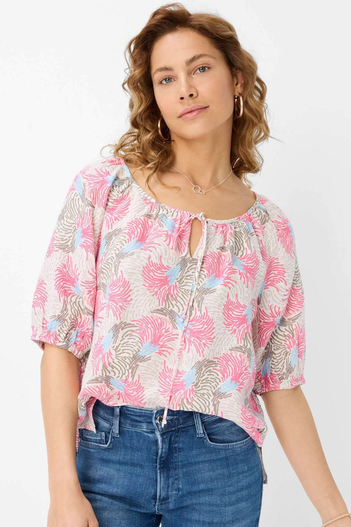 Blouse imprimée VIVA rose et bleu en lin, avec encolure à nouer et coupe ample, parfaite pour l&