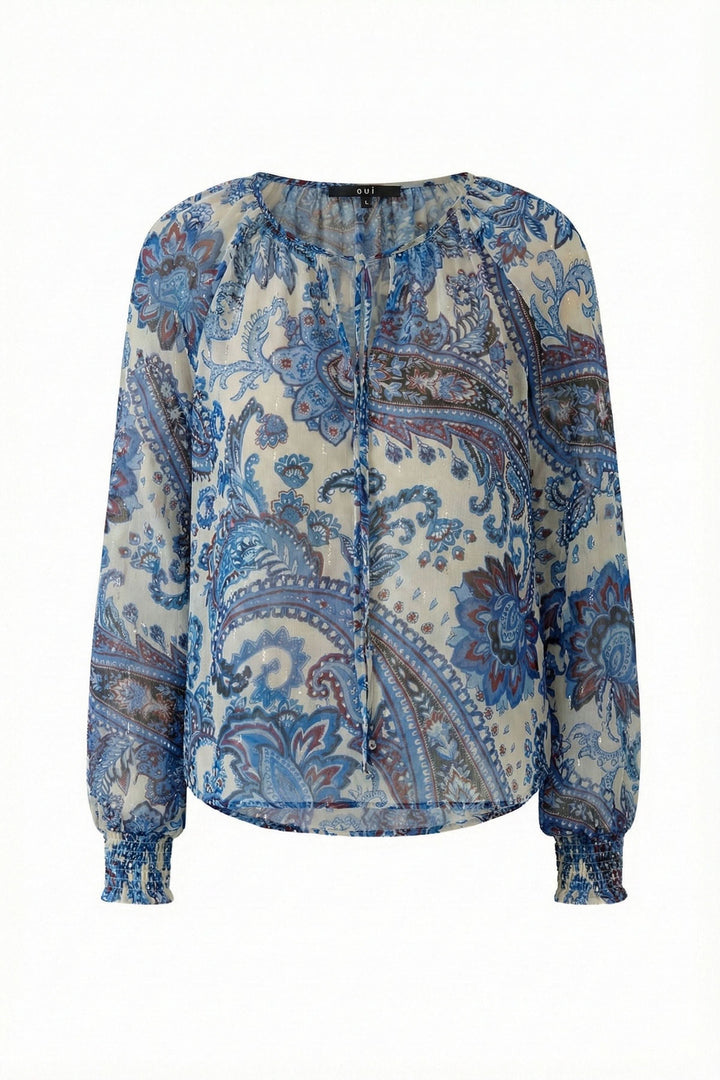 Blouse imprimée à manches longues avec motif cachemire bohème, légère et transparente, idéale pour ajouter du caractère à votre look.