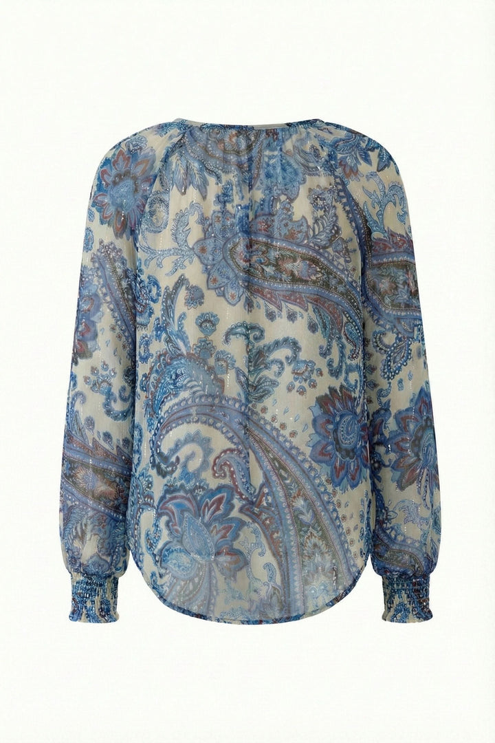 Blouse imprimée à manches longues avec motif cachemire bohème et matière légère transparente, encolure fendue féminine.