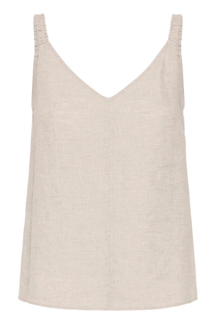 Camisole Elinor fluide à bretelles fines en lin, couleur beige, avec encolure en V, idéale pour un look léger et élégant.