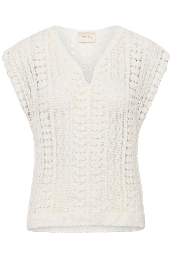 Camisole Tilda en maille ajourée blanche avec encolure en V et motif tricoté texturé. Parfaite pour une allure légère et féminine.