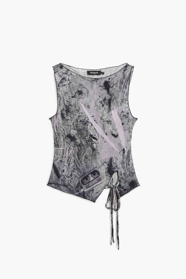 Camisole ajustée à imprimé artistique, sans manches, encolure dégagée, laçage latéral, coupe près du corps, look moderne et audacieux.