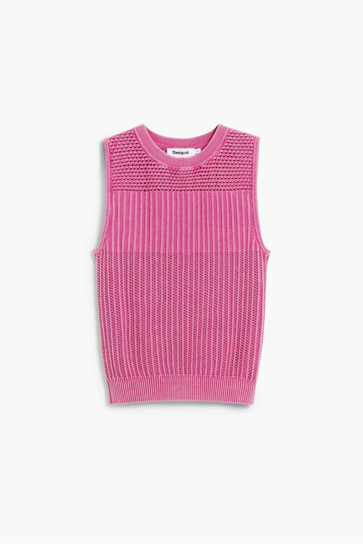 Camisole crochet rose sans manches avec maille texturée et finitions côtelées, idéale pour un look estival moderne.