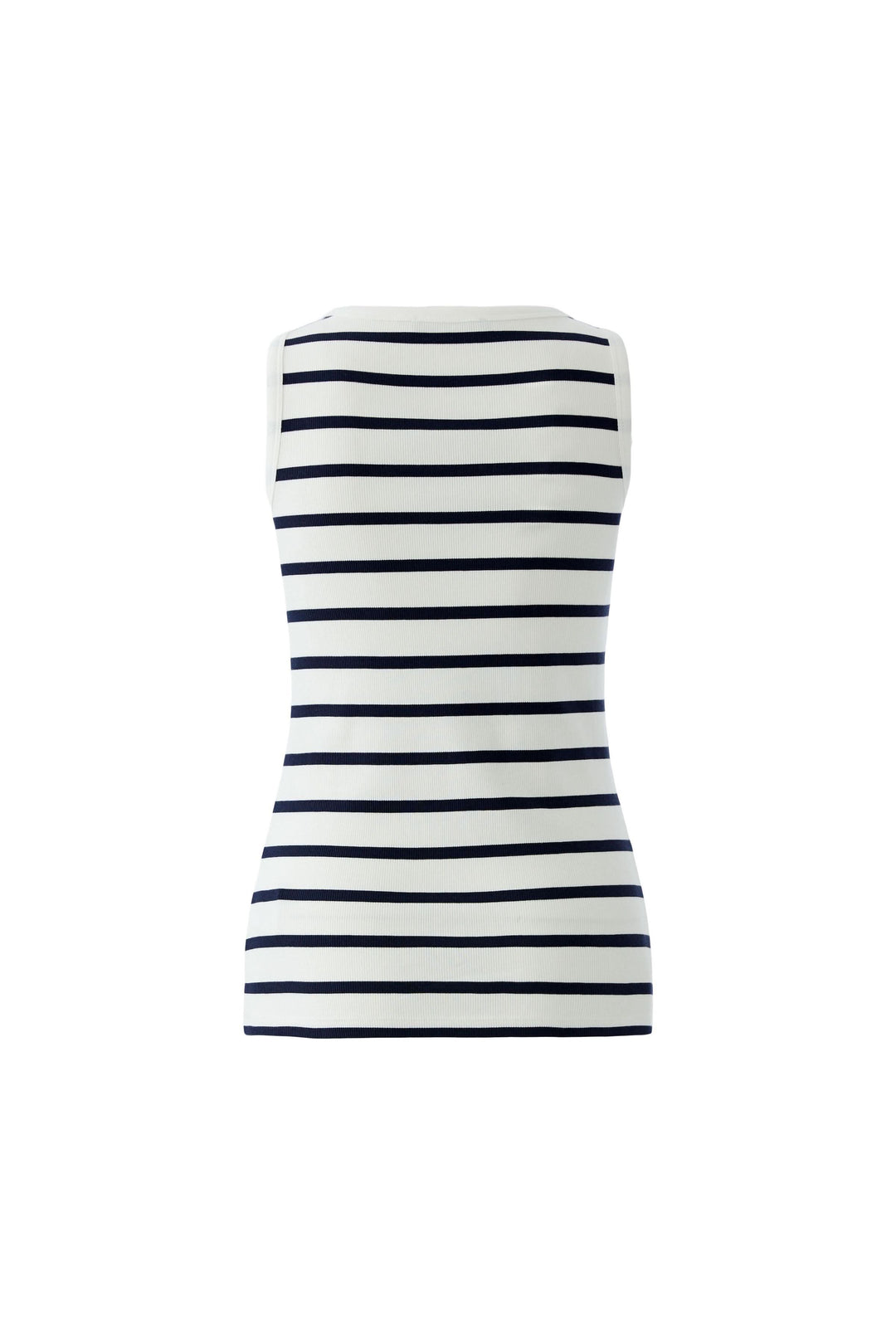 Camisole rayée sans manches vue arrière, motif rayé horizontal bleu marine et blanc, coupe ajustée pour une silhouette féminine.