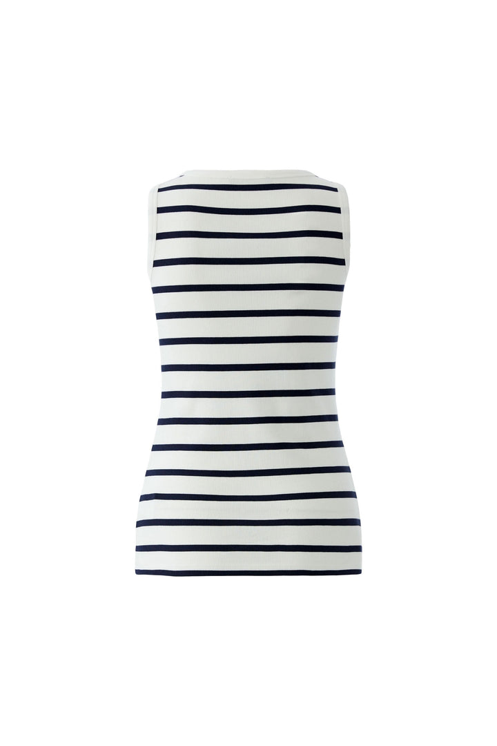 Camisole rayée sans manches vue arrière, motif rayé horizontal bleu marine et blanc, coupe ajustée pour une silhouette féminine.