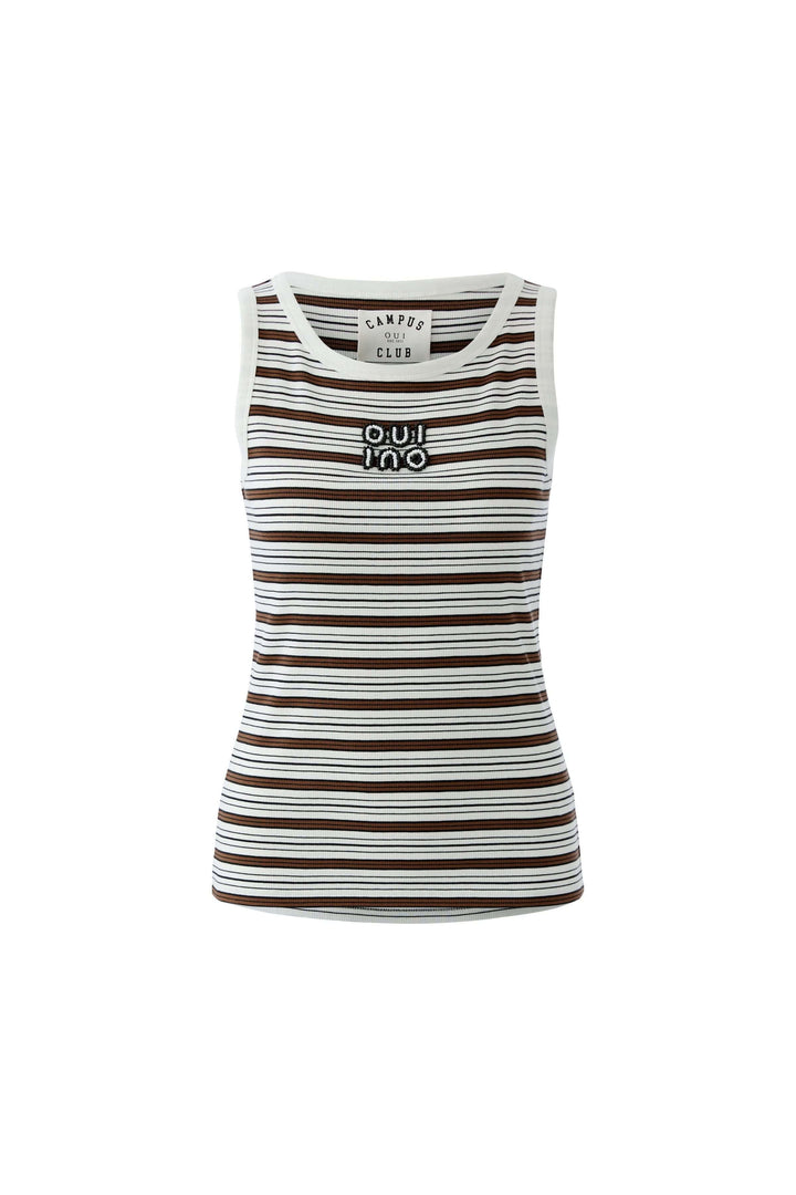 Camisole à rayures, silhouette ajustée, maille côtelée, encolure arrondie, bretelles larges, détail brodé distinctive.