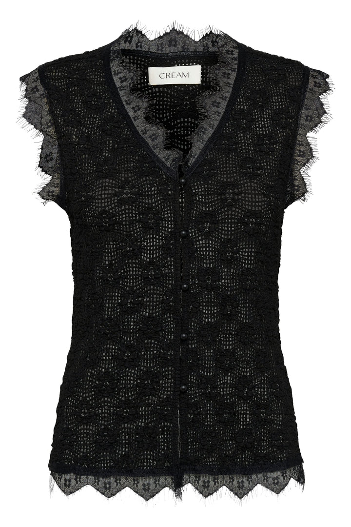 Camisole sans manches en dentelle noire élégante avec dentelle délicate et fermeture boutonnée pour un style féminin et raffiné.