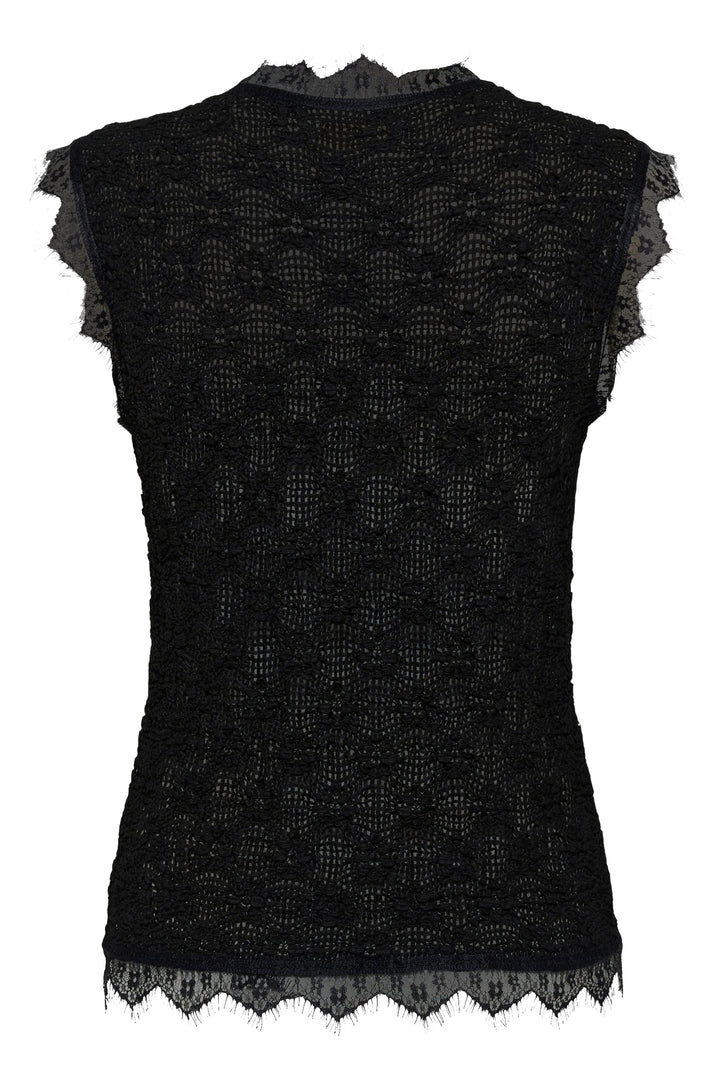 Camisole sans manches en dentelle noire avec fermeture boutonnée et bordures festonnées.