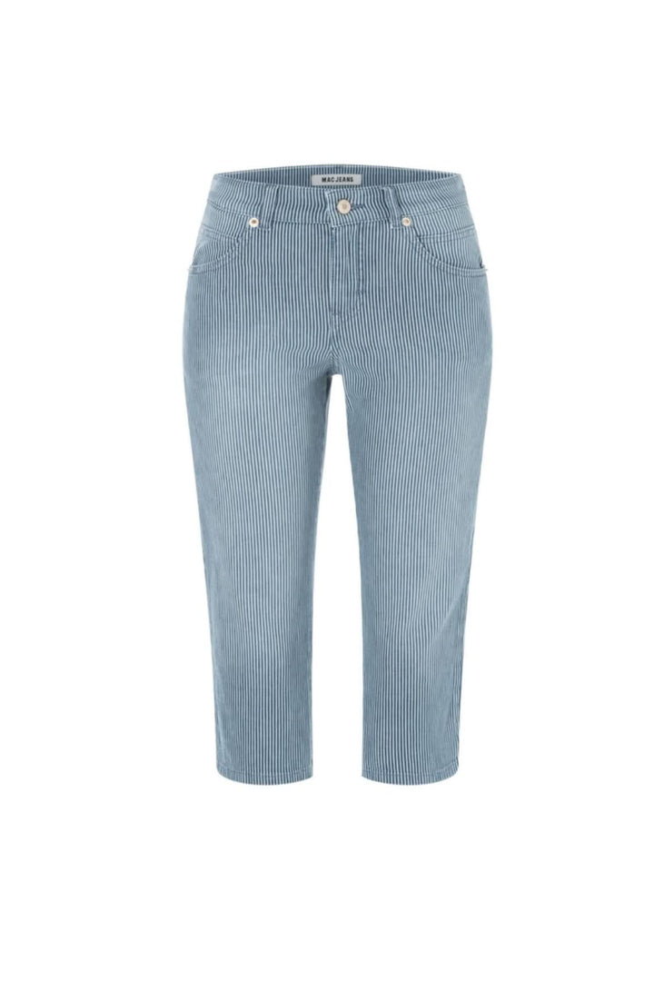 Capri à rayures verticales bleu clair, coupe ajustée, confort optimal pour un look estival décontracté.