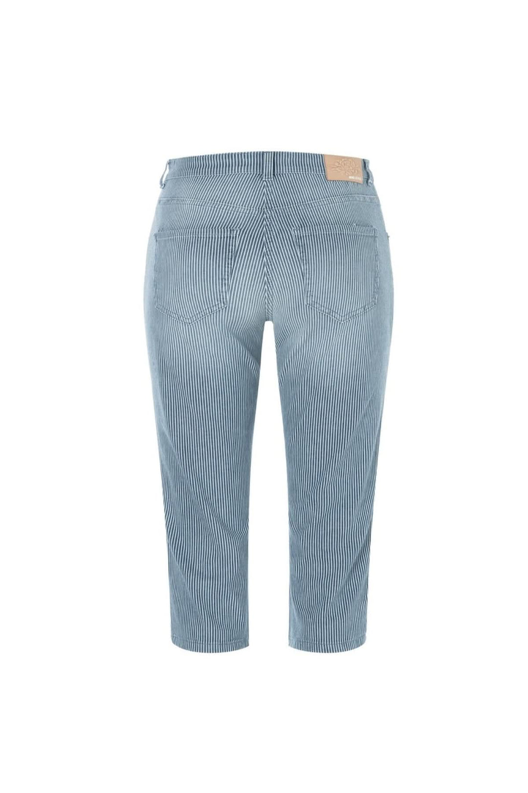 Capri à rayures verticales avec coupe ajustée et cinq poches, vue arrière.