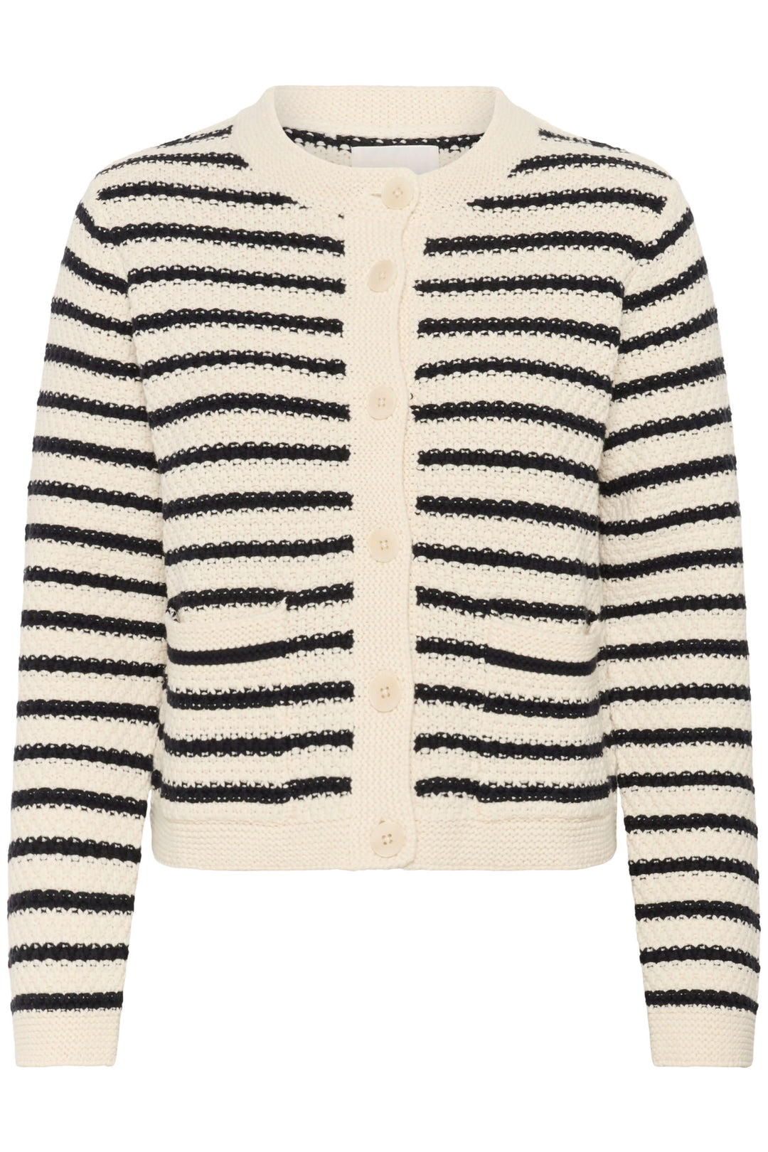 Cardigan Elmie à rayures noires et blanches, tricot texturé, coupe droite avec poches plaquées, style chic et décontracté.