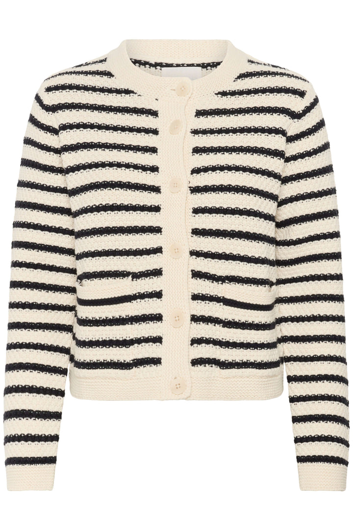 Cardigan Elmie à rayures noires et blanches, tricot texturé, coupe droite avec poches plaquées, style chic et décontracté.