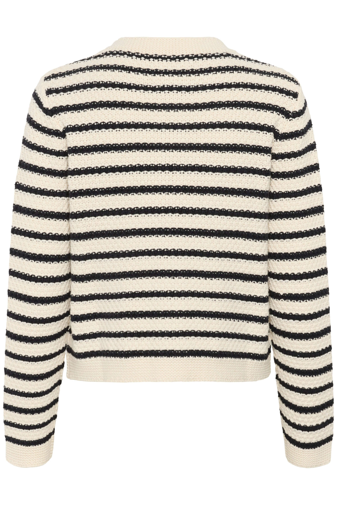 Cardigan Elmie rayé noir et blanc vue arrière, tricot texturé, coupe droite et poche plaquée pour un style moderne et élégant.