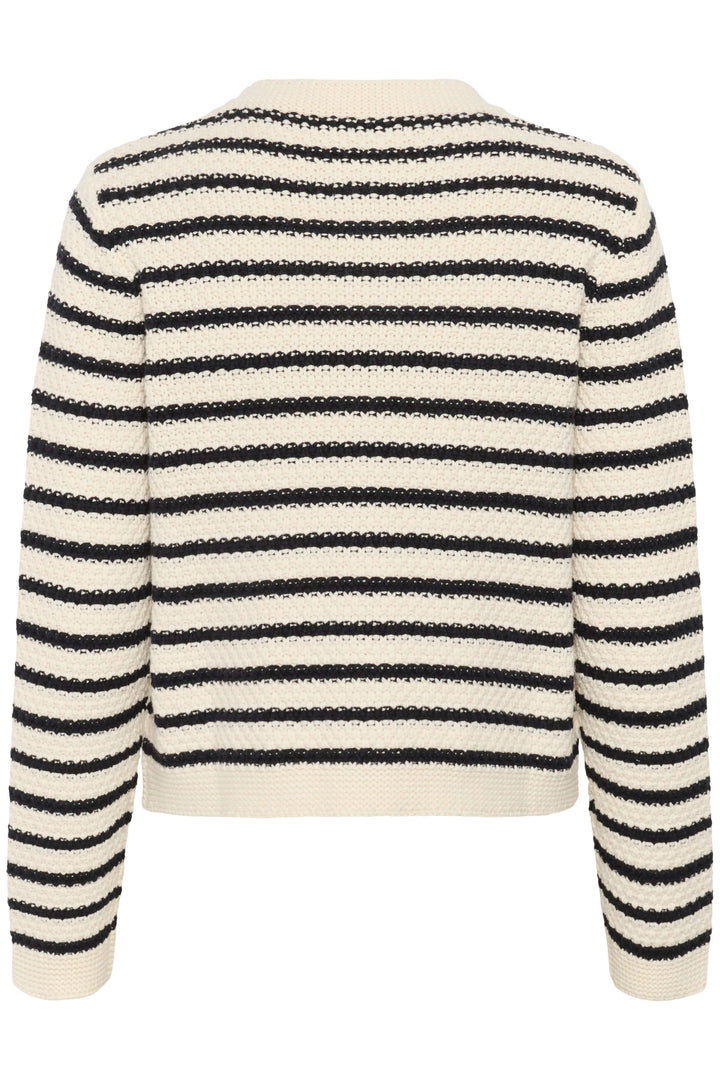 Cardigan Elmie rayé noir et blanc vue arrière, tricot texturé, coupe droite et poche plaquée pour un style moderne et élégant.