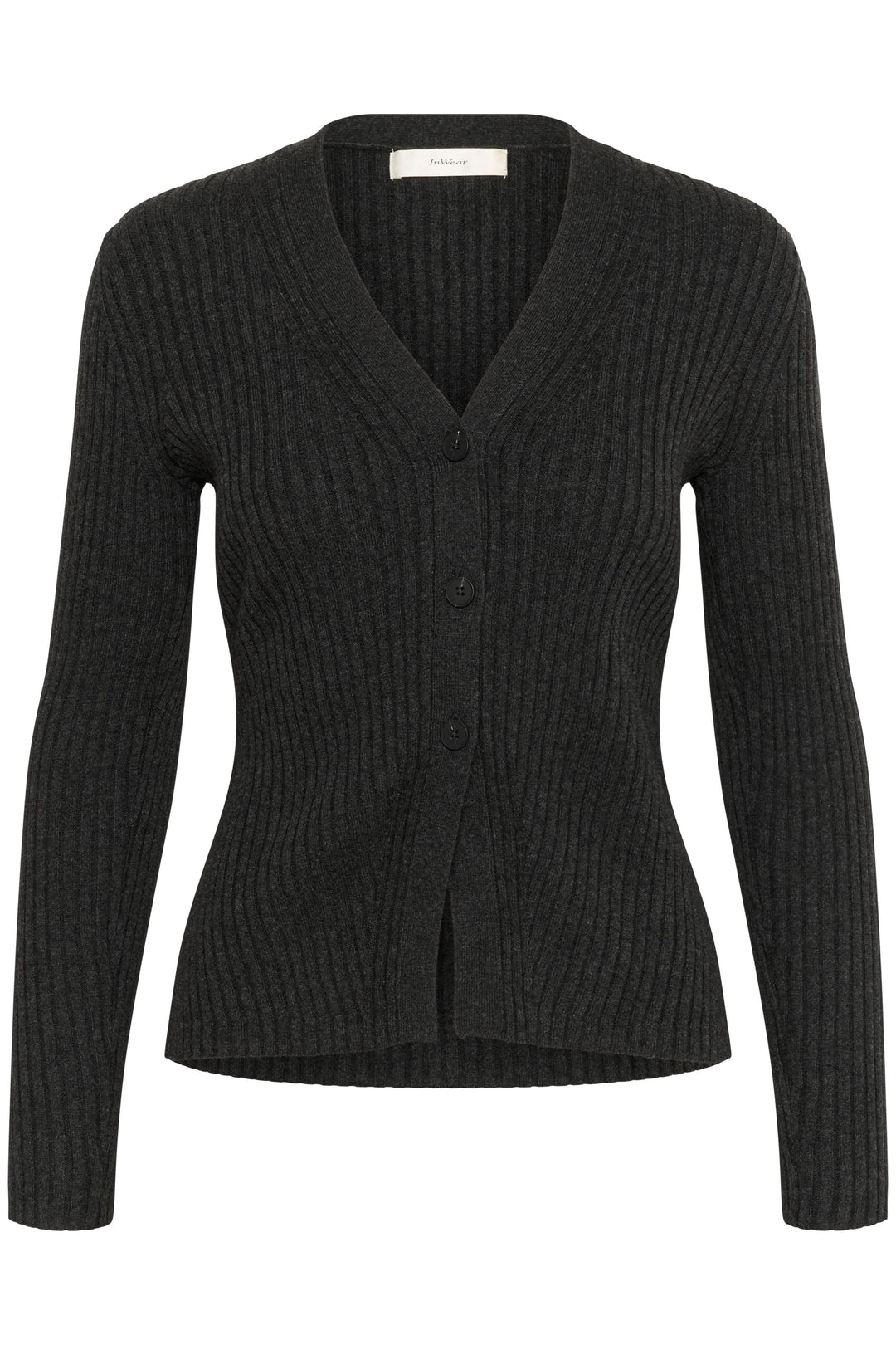 Cardigan Gia en maille côtelée, coupe ajustée, encolure en V, fermeture boutonnée, couleur noire.