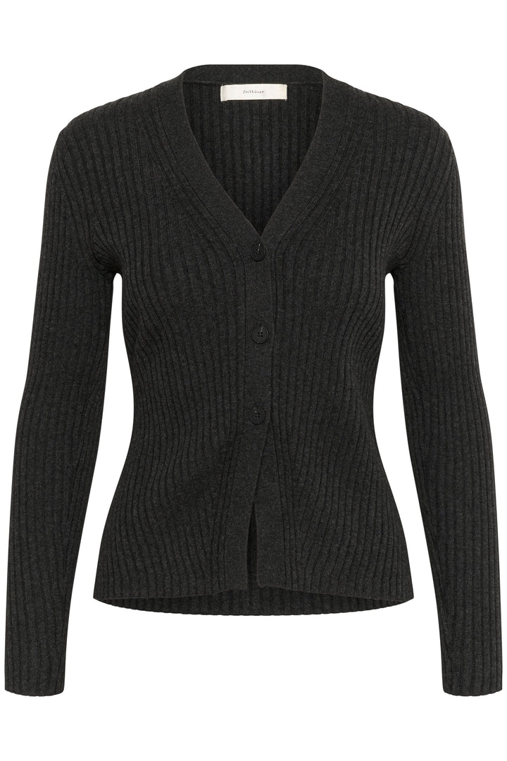 Cardigan Gia en maille côtelée, coupe ajustée, encolure en V, fermeture boutonnée, couleur noire.