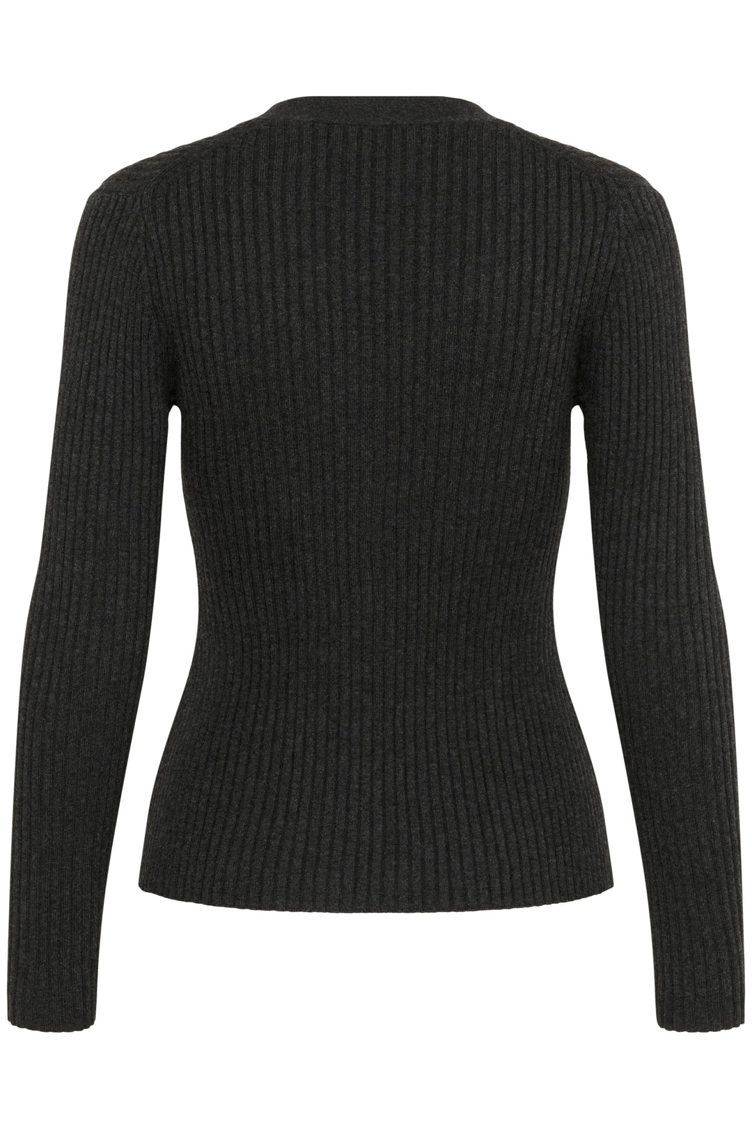 Cardigan Gia en maille côtelée, vue arrière, avec coupe ajustée et encolure en V, couleur noire.