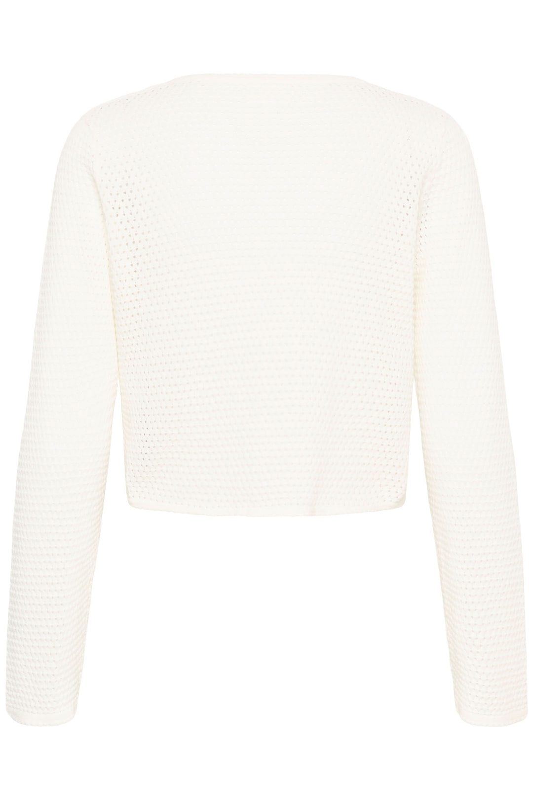 Cardigan Rosefina en maille ajourée à nouer, léger et féminin, vue arrière montrant la texture et la coupe ajustée avec manches longues.