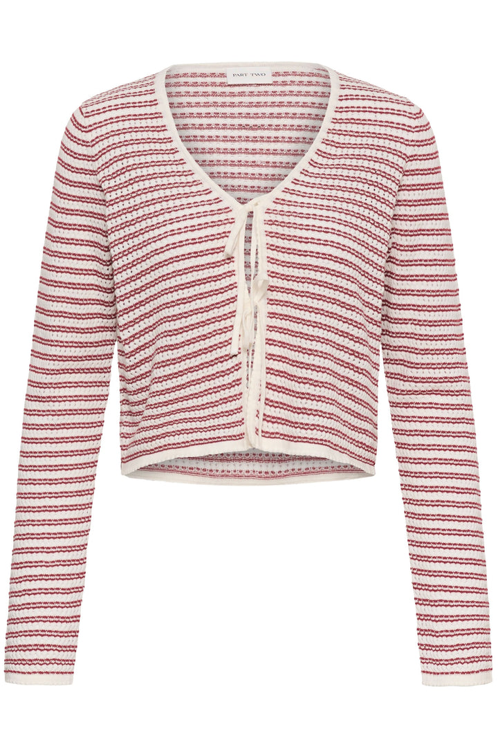 Cardigan Rosefina en maille ajourée à nouer avec manches longues et encolure en V, offrant une coupe ajustée féminine.