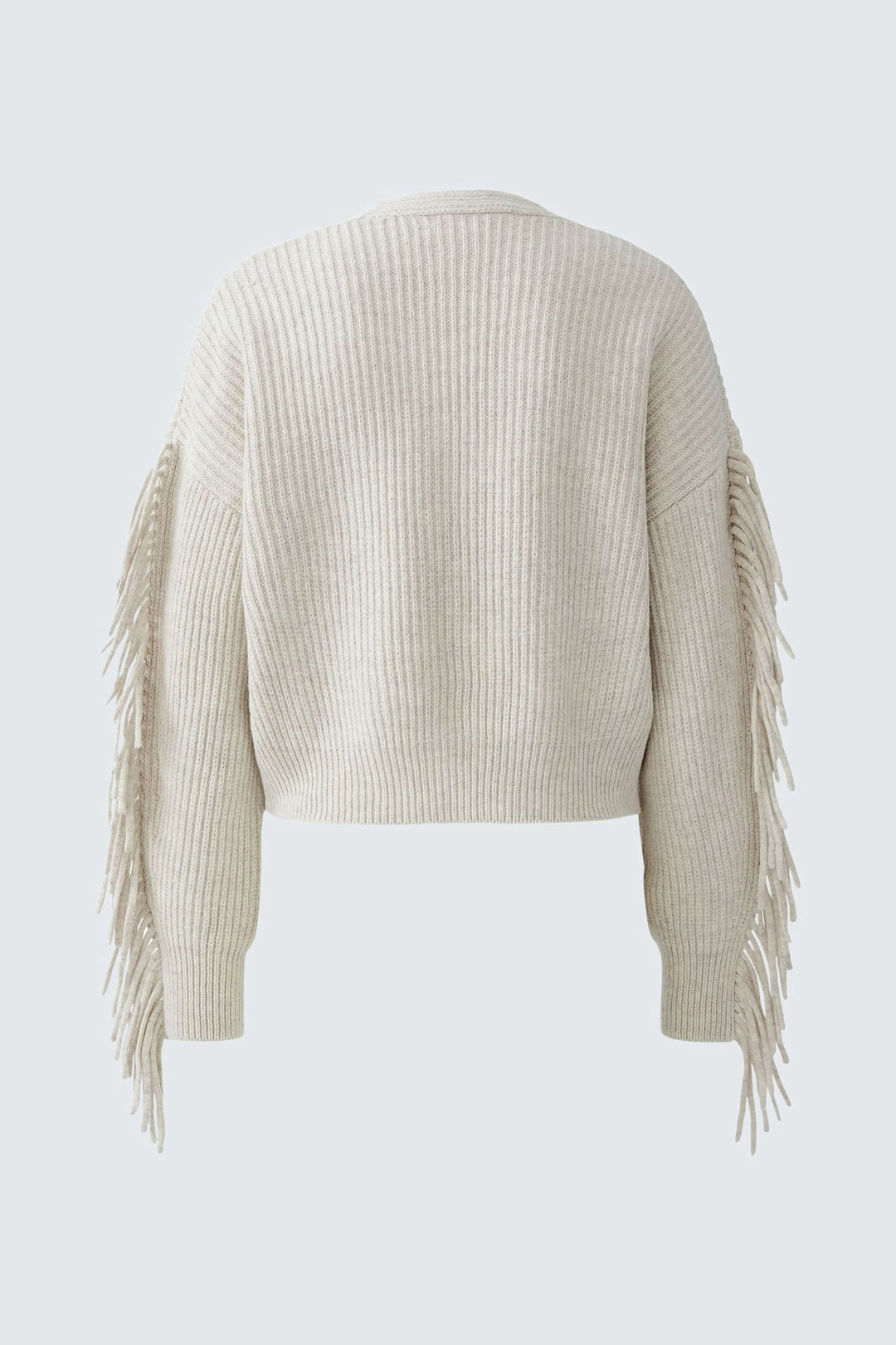 Cardigan avec franges, coupe ample, décolleté en V, tricoté en coton et laine, couleur beige.