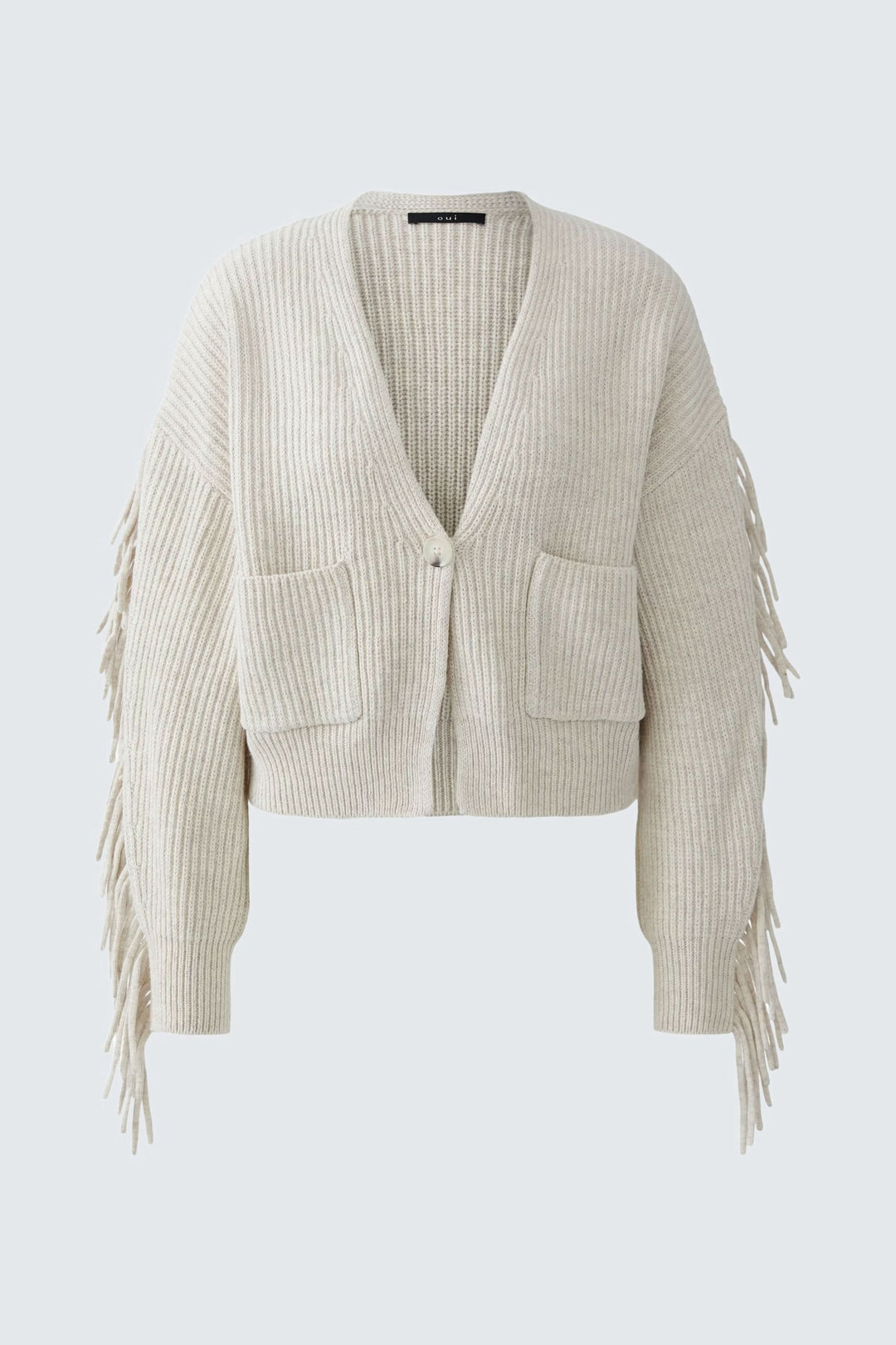 Cardigan avec franges, coupe ample, décolleté en V, poches plaquées, tricoté en coton et laine.