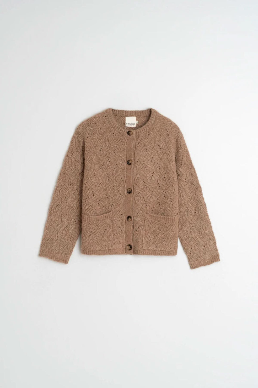 Cardigan crochet marron avec maille texturée, col rond et boutons, idéal pour un look décontracté et élégant.