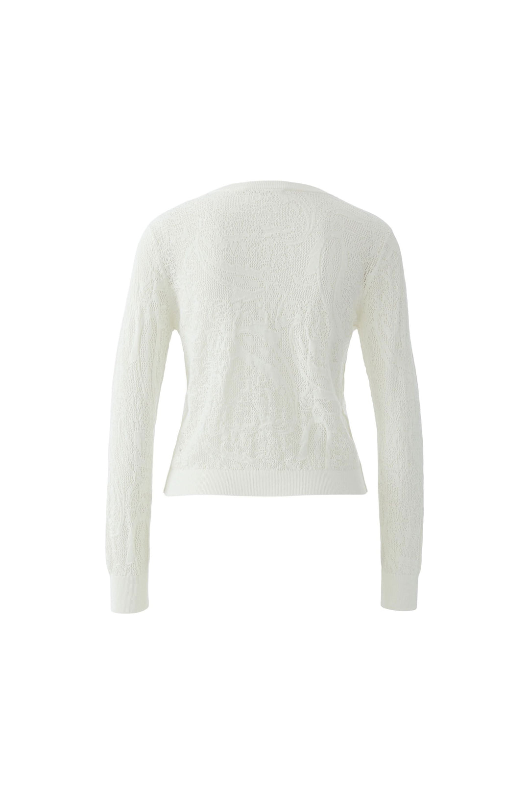 Cardigan en maille ajourée à volants de dos, montrant la texture délicate et le style ajusté, parfait pour un look raffiné.