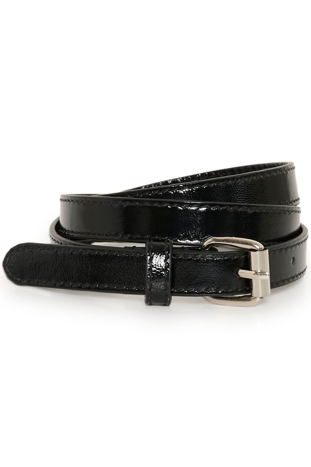 Ceinture Nacimo en cuir verni noir avec boucle métallique argentée, élégante et ajustable.
