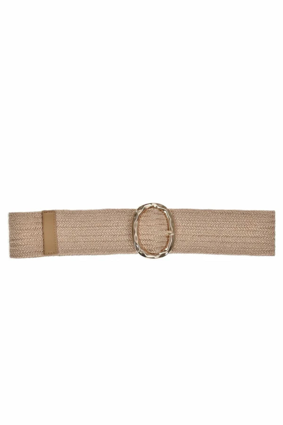 Ceinture large élastique beige avec boucle dorée, parfaite pour tous les styles de vêtements.