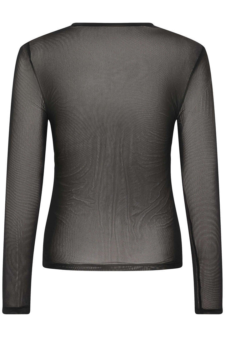 Chandail Kaia en tulle transparent à manches longues noir avec coupe ajustée vue arrière, détail contemporain.