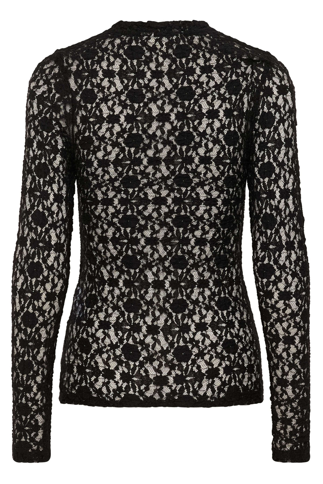 Chandail Venetia transparent en dentelle avec manches longues et encolure ronde, parfait pour un look chic et moderne sous un veston.