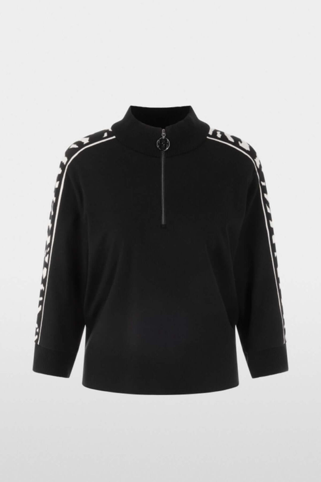 Chandail ample noir avec manches 3/4 et motif animalier, col zippé, label Rethink Together.