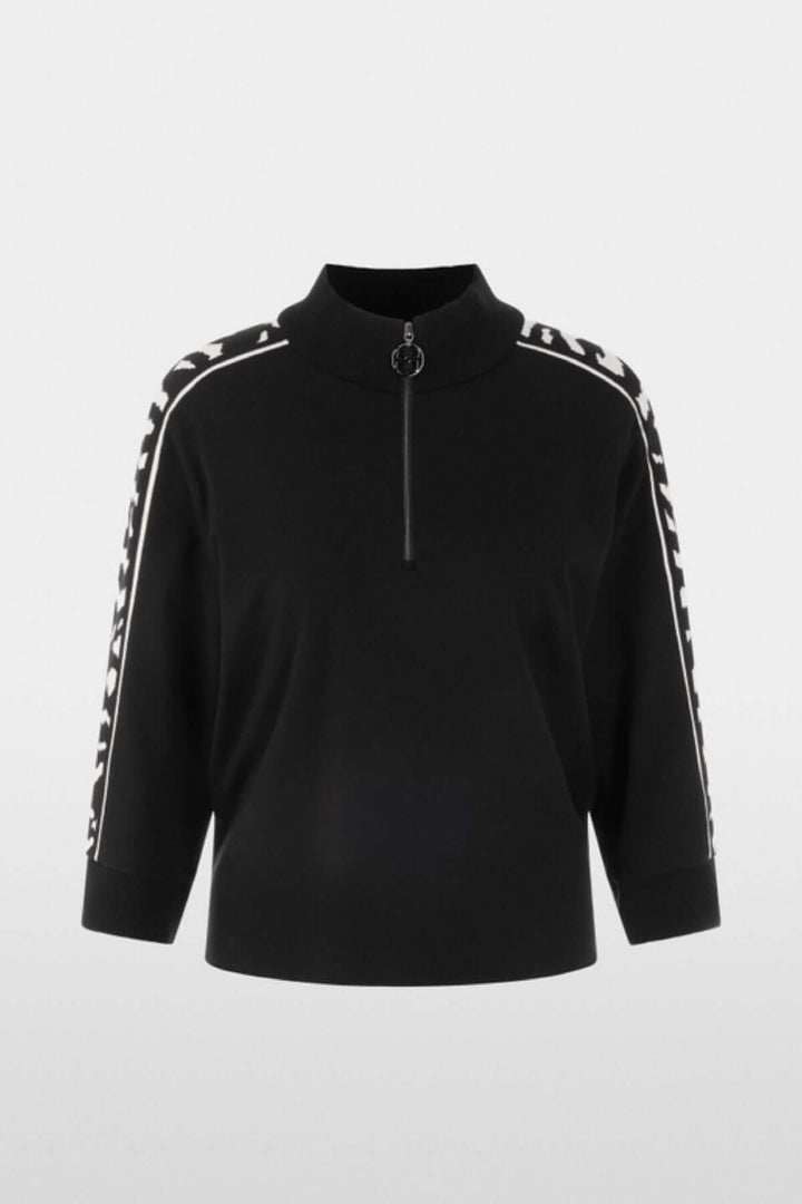Chandail ample noir avec manches 3/4 et motif animalier, col zippé, label Rethink Together.
