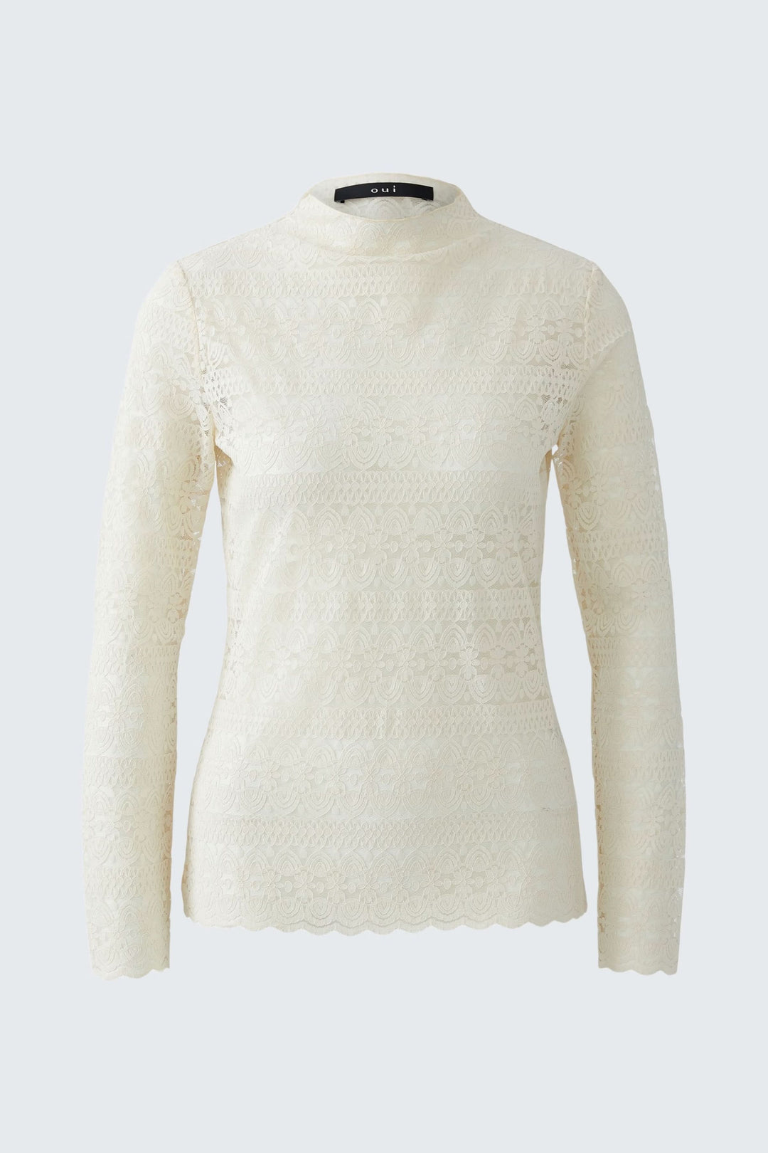 Chandail en dentelle à col montant, féminin et délicat, avec dentelle florale intégrale, manches longues et finition festonnée élégante.