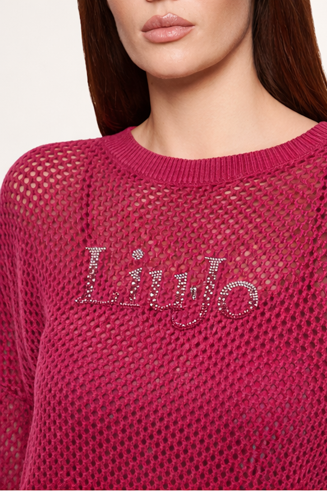 Chandail en maille ajourée Liu Jo Sport avec logo, tricot léger et respirant, couleur vive, manches longues pour la superposition saisonnière.