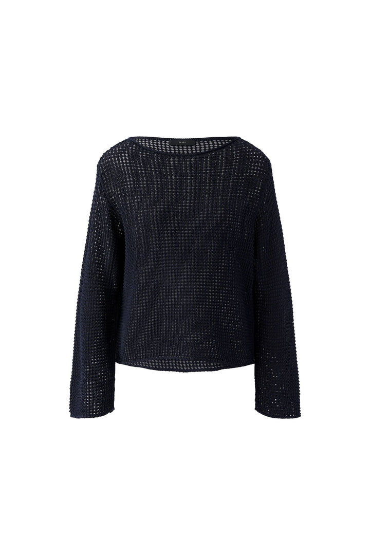 Chandail en maille ajourée à manches longues avec effet de transparence subtil, coupe contemporaine, idéal pour superpositions.