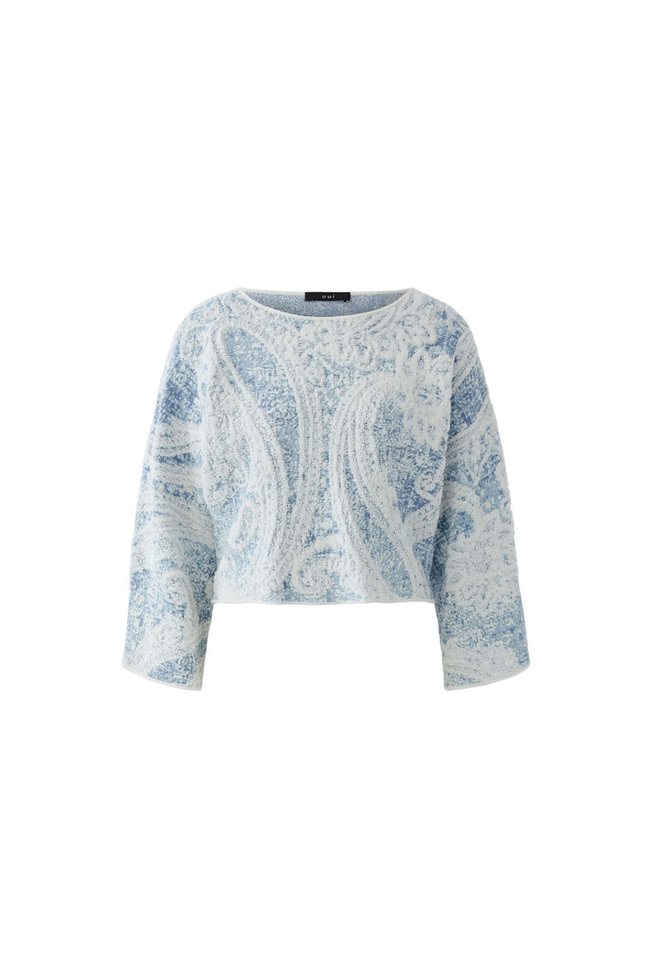 Chandail en maille imprimée à manches larges, motif cachemire, allure moderne, manches trois-quarts, confort et élégance.