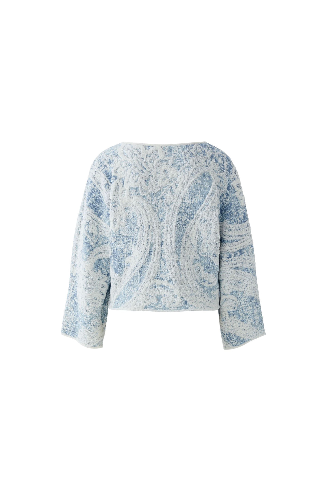 Chandail en maille imprimée à manches larges avec motif cachemire délicat, moderne et féminin, encolure ronde dégagée, manches trois-quarts.