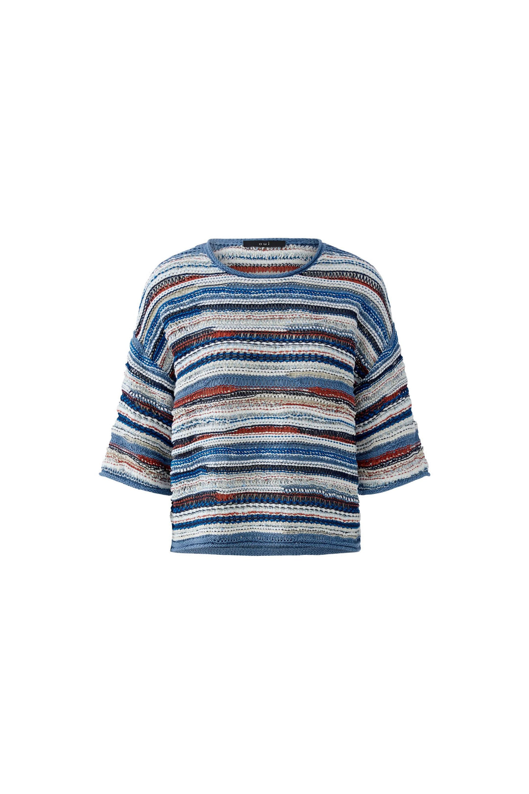 Chandail en maille multicolore à manches trois-quarts avec motif rayé horizontal, style décontracté-chic.