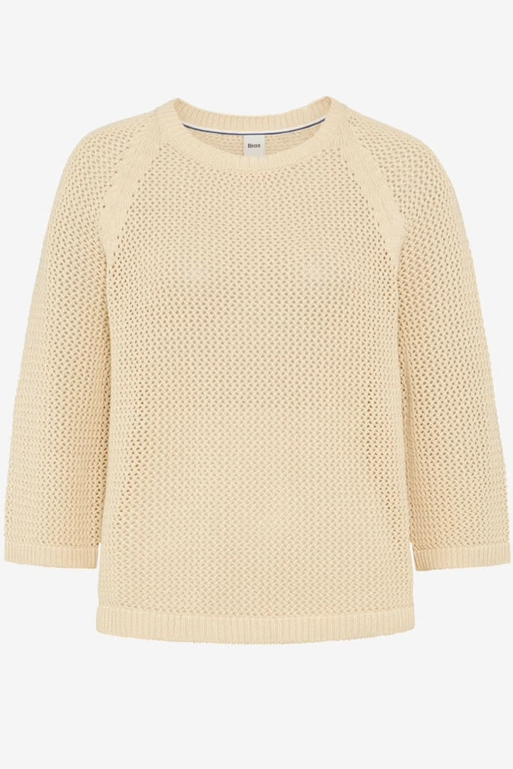 Chandail manches trois-quarts NALA en tricot texturé ajouré, coupe droite confortable avec finitions côtelées, idéal pour mi-saison.